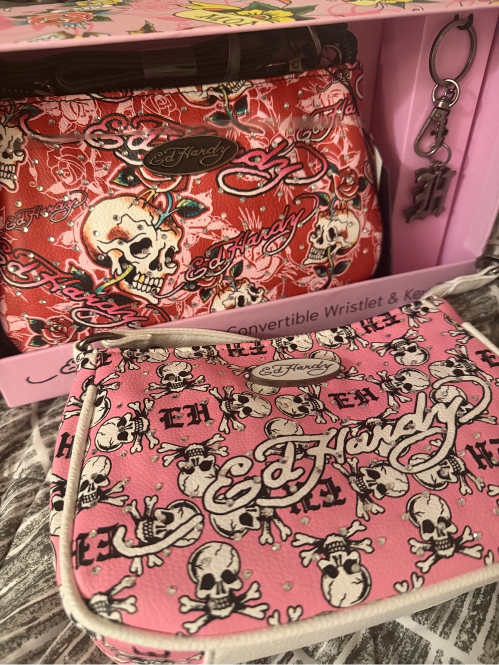 Ed Hardy Pink & Red Skull Convertible Wristlet Set Bundle